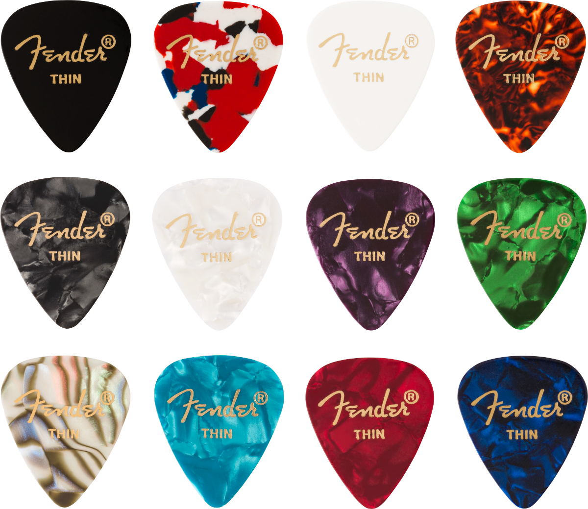 Fender 351 Shape, Celluloid Medley, Thin 12-Pack