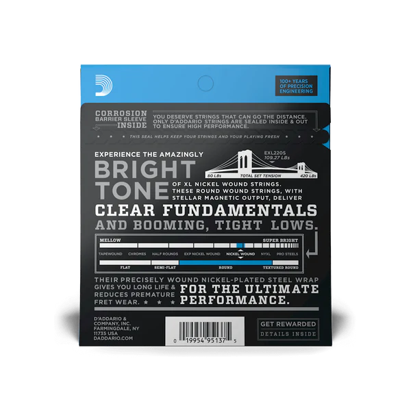 D'Addario EXL220S Nickel Wound Bass Guitar Strings, Super Light, 40-95, Short S...