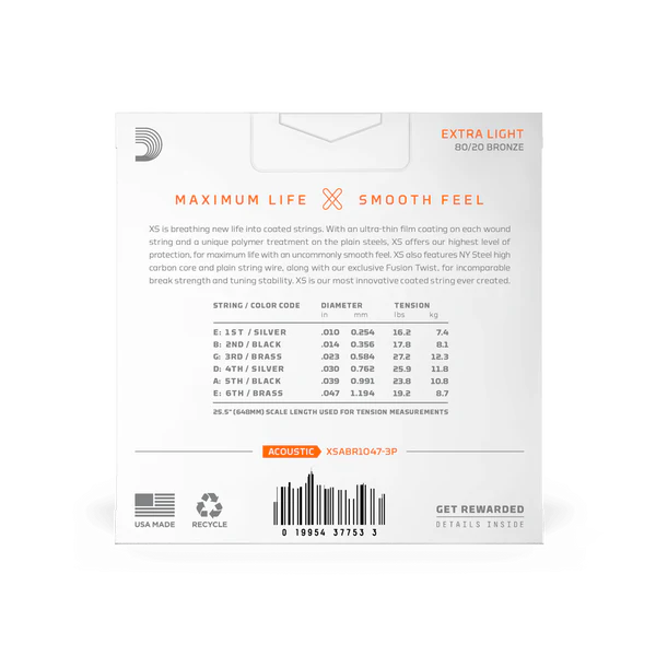D'Addario XSABR1047 10-47 Extra Light, XS 80/20 Bronze Coated Acoustic Guitar Strings