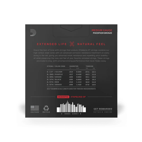 D'Addario XTAPB1356 XT Phosphor Bronze Acoustic Guitar Strings, Medium, 13-56