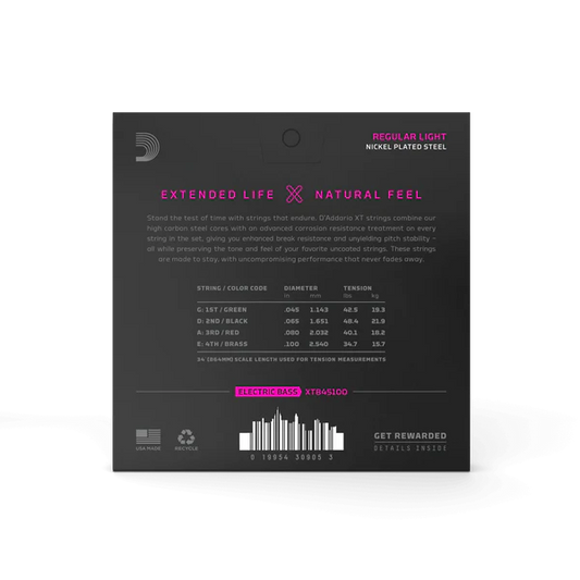 D'Addario XTB45100 XT Bass Nickel Plated Steel, Regular Light, Long Scale, 45-10...