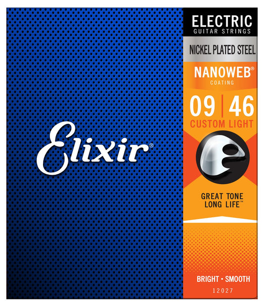 Elixir 12027 Nickel Plated Steel Electric Guitar Strings with NANOWEB. Custom Light 9-46