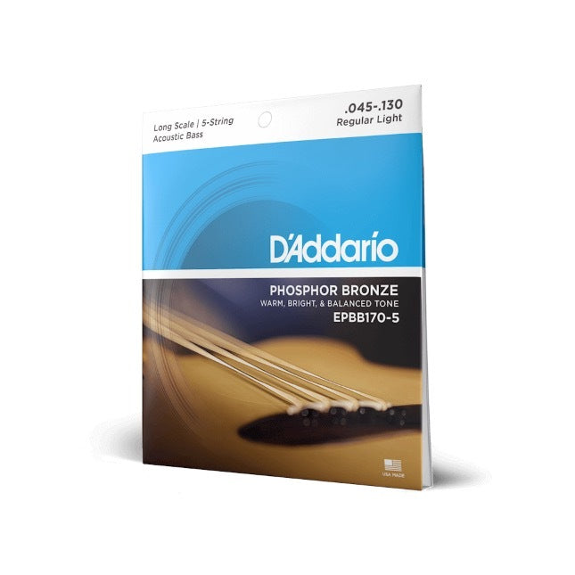 D'Addario 45-130 Regular Light 5-String, Long Scale, Phosphor Bronze Acoustic Bass Strings