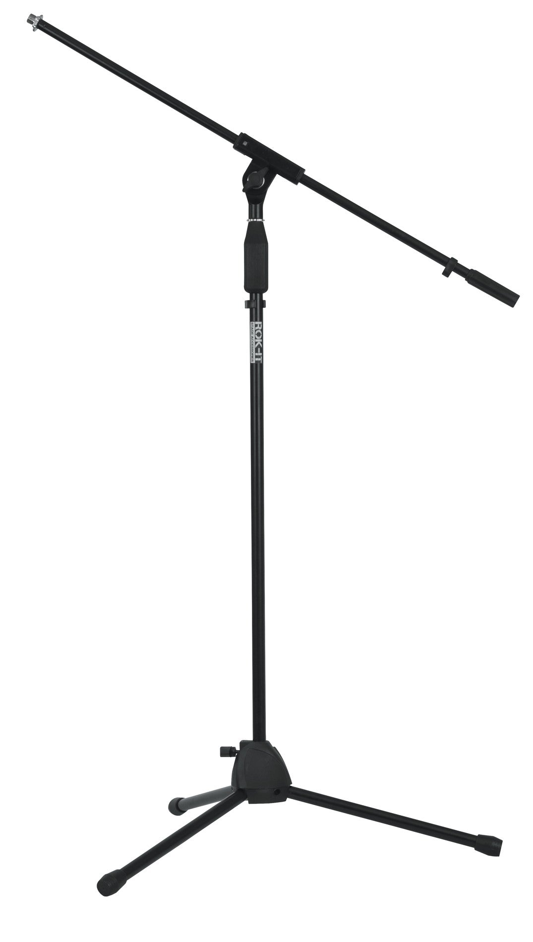 Rok-It Tubular Microphone Stand with Fixed Boom Included. Tripod Design for Compact Storage and Easy-Twist Height Adjustment.