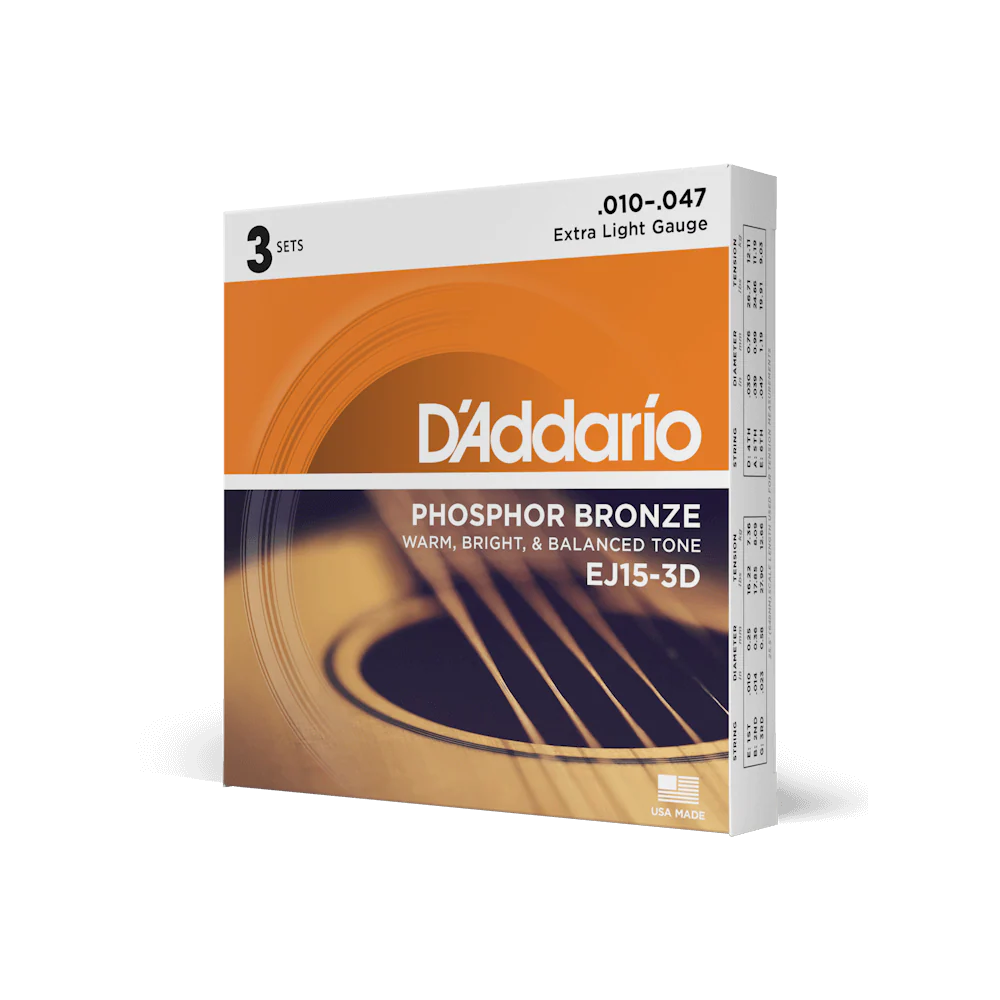 D'Addario EJ15-3D 10-47 Extra Light, Phosphor Bronze Acoustic Guitar Strings 3