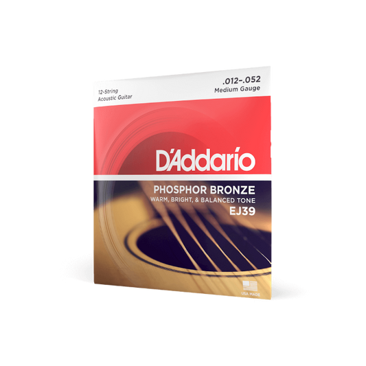 D'Addario EJ39 12-String Phosphor Bronze Acoustic Guitar Strings, Medium, 12-52