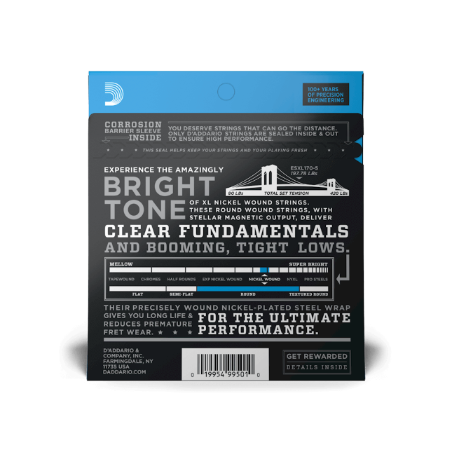 D'Addario EXL170-5 5-String Nickel Wound Bass Guitar Strings, Light, 45-130, Lon...