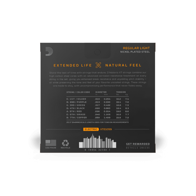 D'Addario XTE1059 XT Electric Nickel Plated Steel, Regular Light, 7-String 10-59