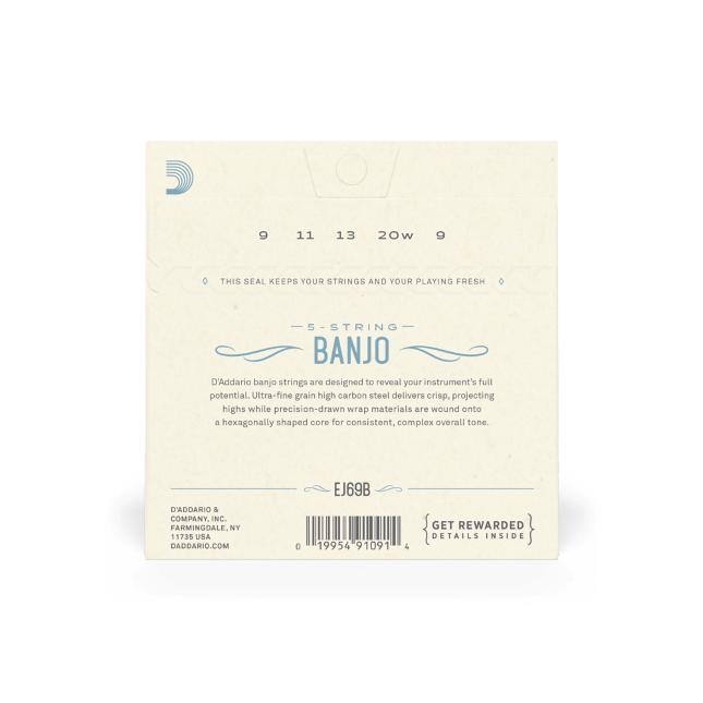 D'Addario EJ69B 5-String Ball-End Banjo Strings, Phosphor Bronze, Light, 9-20